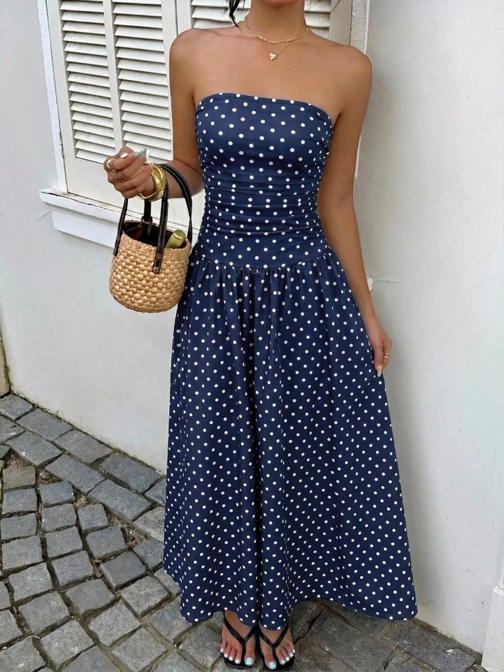 Navy Blue Casual Women's Polka Dot Print Vacation Dress - Picture 6 of 6
